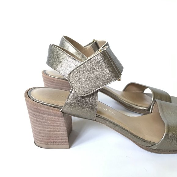 Stuart Weitzman Sandals Womens 6.5 Metallic Pewter Gold Leather Open Toe Shoes - Picture 3 of 13